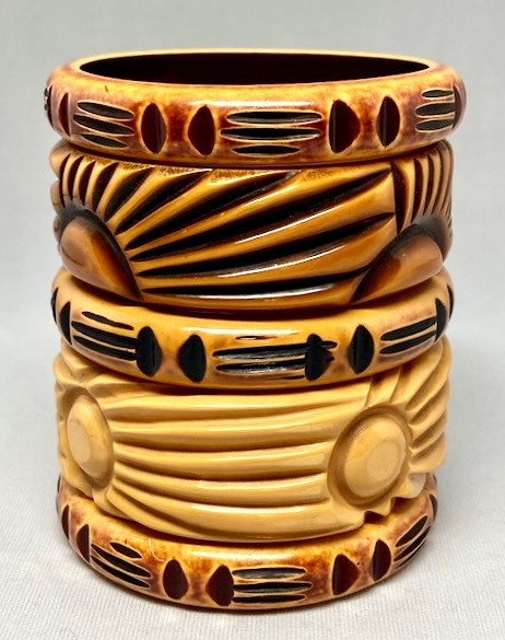 BB333 carved and overdyed sunrise bakelite bangles